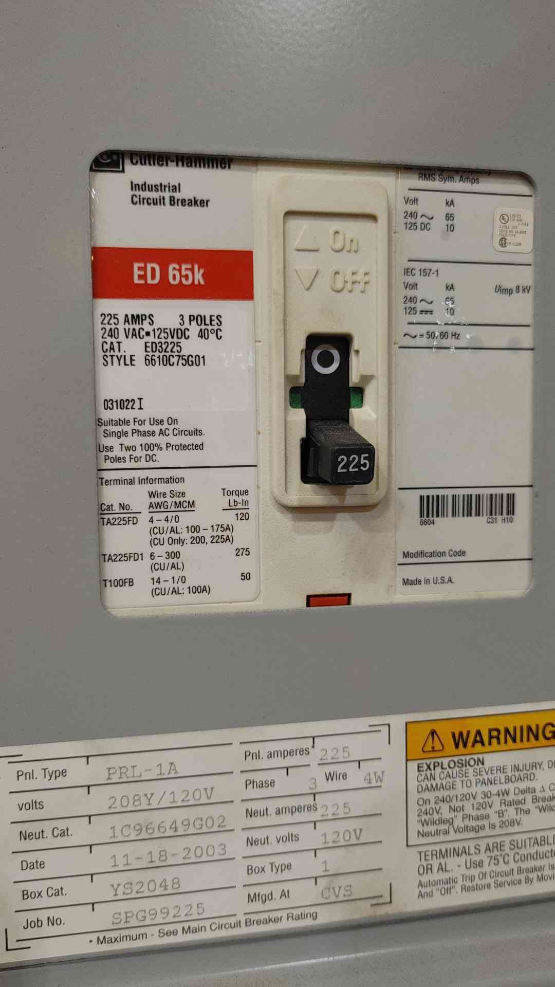 Eaton Cutler-Hammer PRL1a 225A 208Y/120V 3PH 42 CKT Panelboard Loaded Breakers