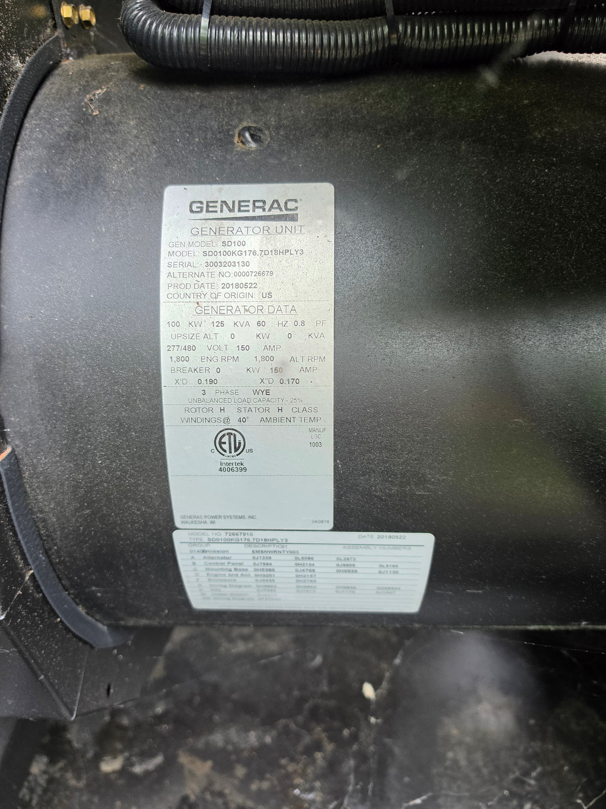 2018 Generac SD100 100 kW Diesel Generator FPT 6.7L 277/480V 3 Phase SD0100