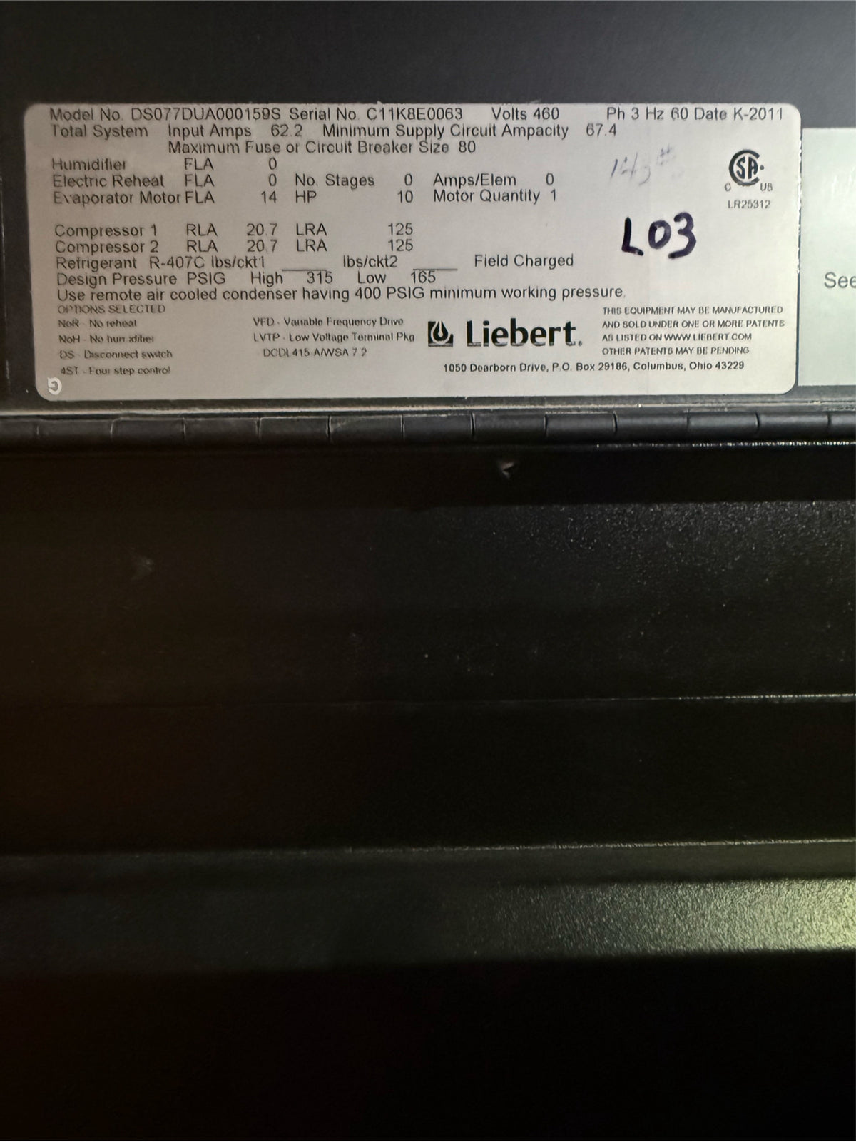 22 Ton Liebert CRAC DS077D R407C 480V 3PH AC '11 (SKU: 110353)