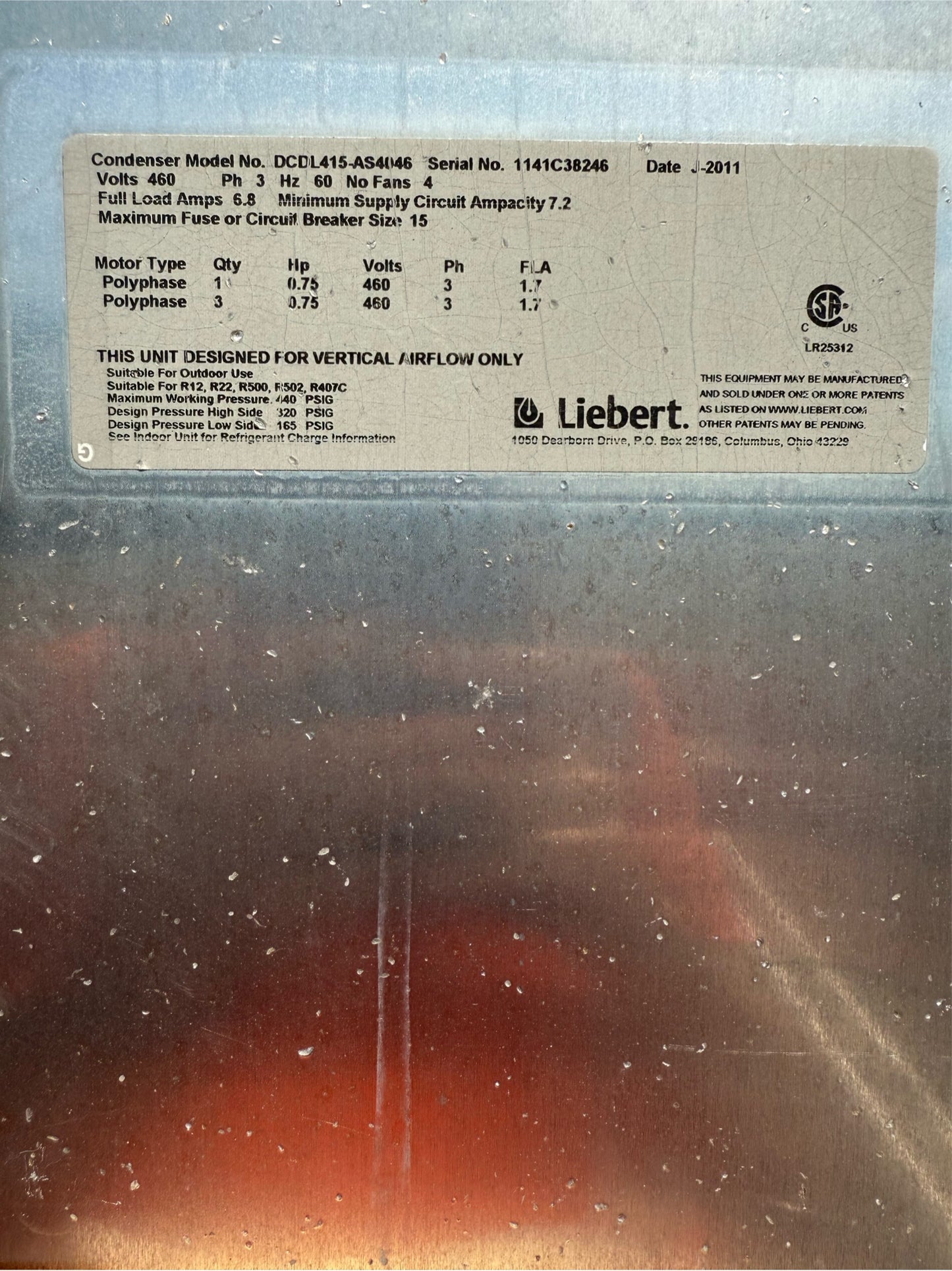 Liebert 4-fan Condenser DCDL415-AS4046 460v 3PH â€˜11 and â€˜13 (SKU: 110361)