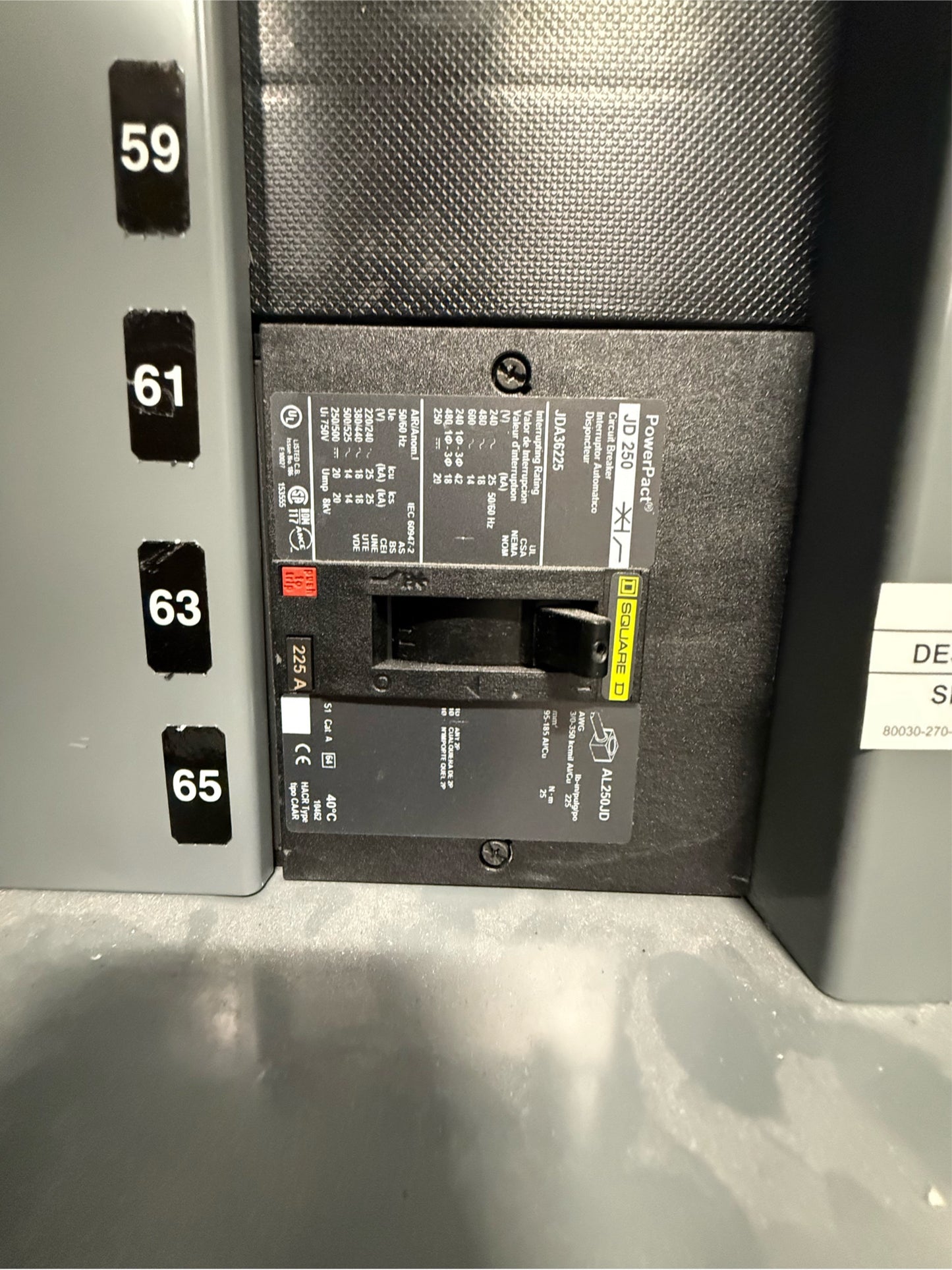 Square D I-Line Panelboard 225amp 9 breakers 480V