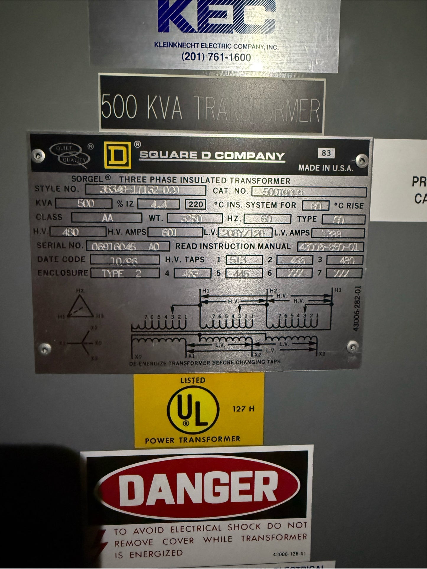 500KVA Square D Sorgel 3PH Dry Type Transformer 480v x 208/120v