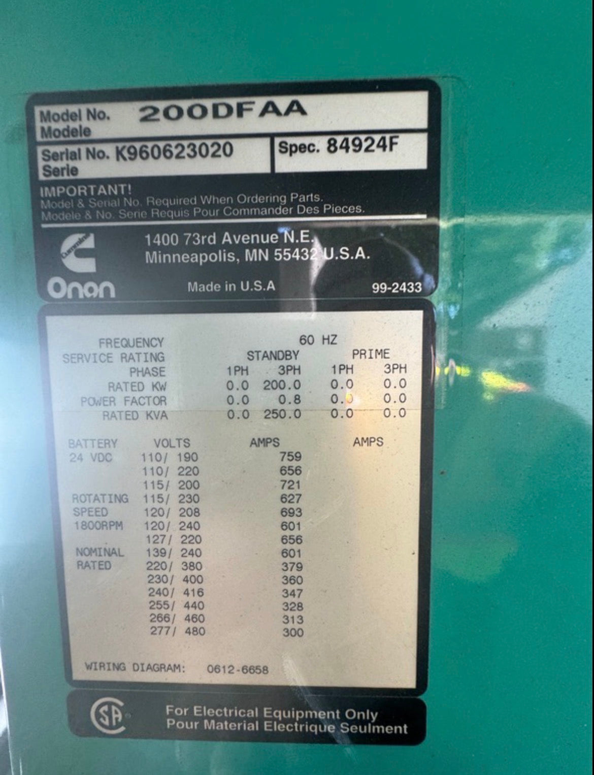 Cummins Onan 200kW Diesel Generator 200DFAA LTA-10G1 3PH Standby