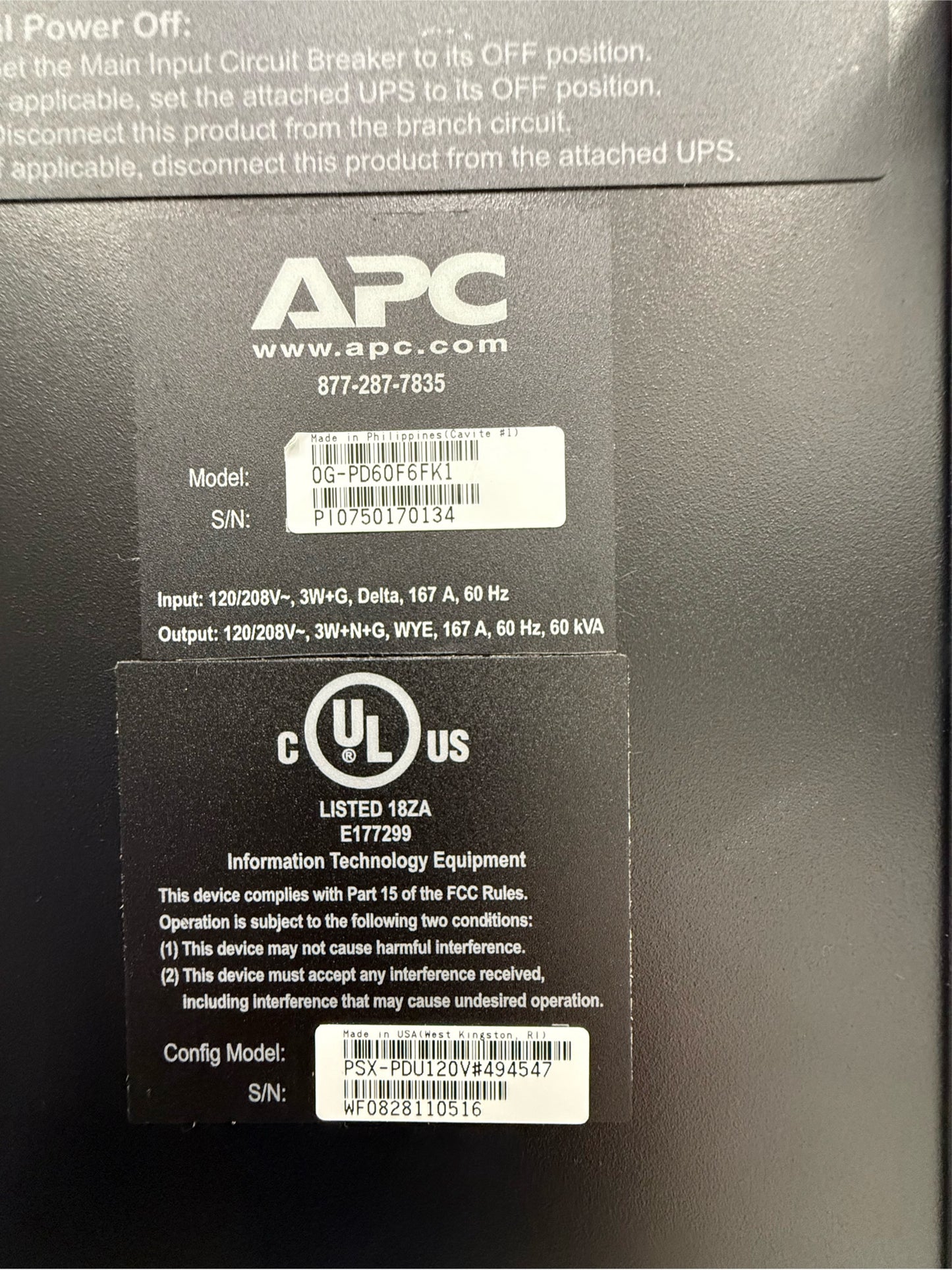 APC PDU OG-PD60F6FK1 60KVA 225A Main 480x208/120 PD60F6FK1 (SKU: 111102)