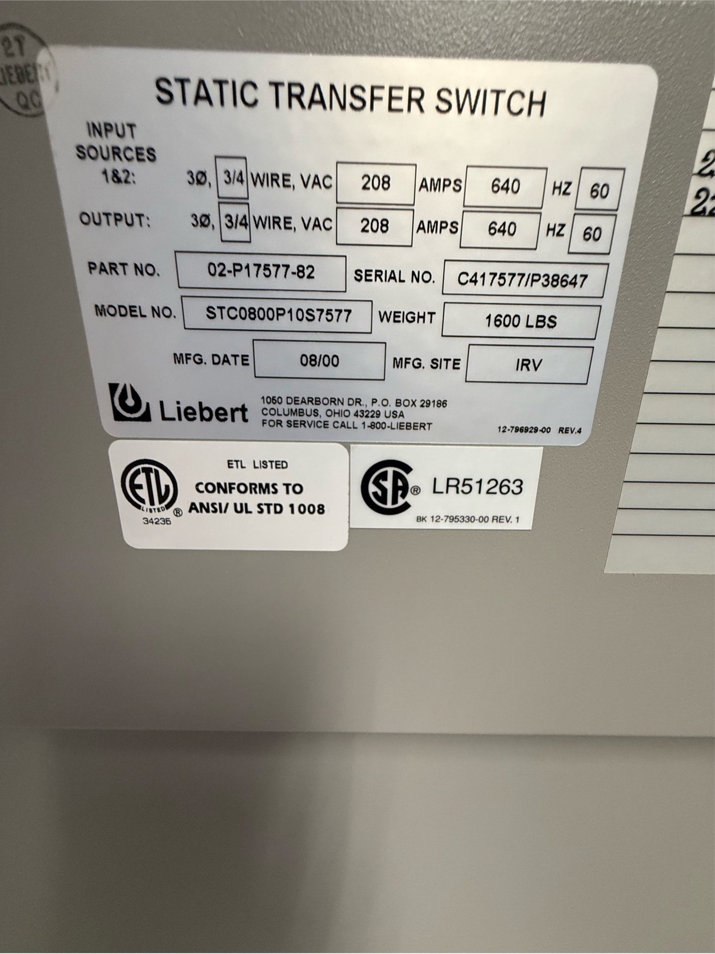 Liebert STS Static Transfer Switch STC0800P10S7577 208V 640A 60hz