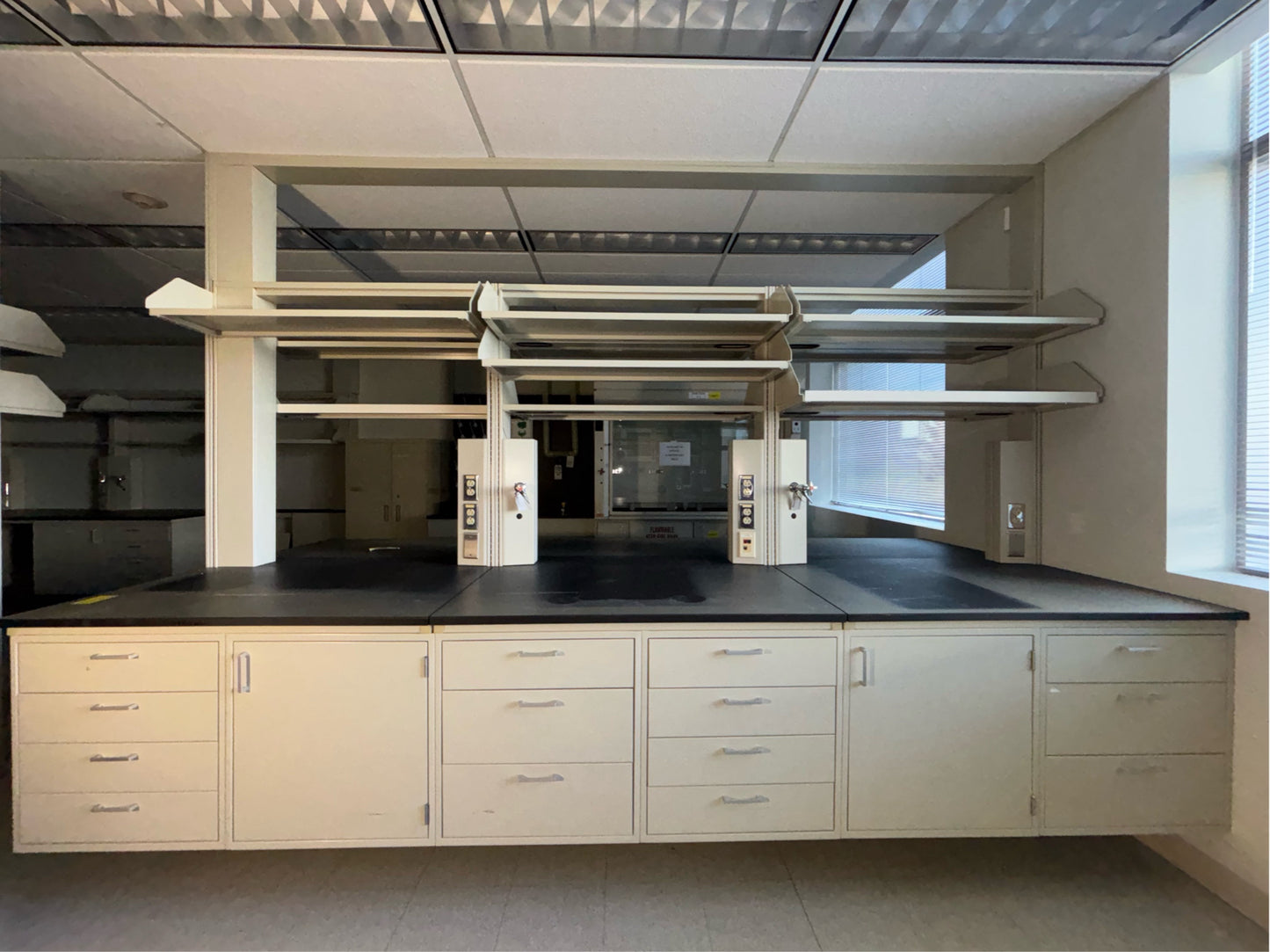 12’ 2 Sided Hamilton Metal Casework Island Work-center w/ Overhead Shelves  (112880)