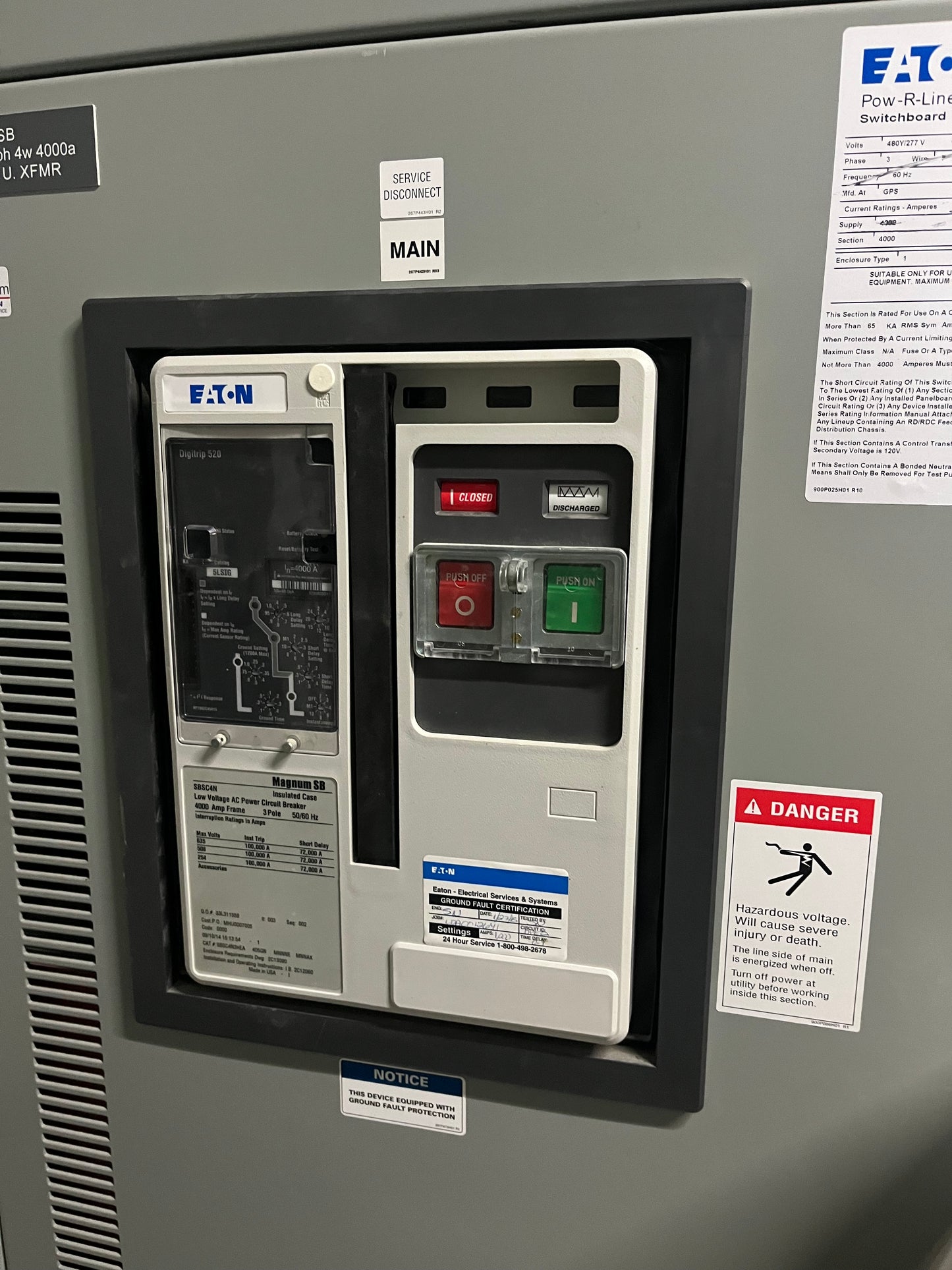 Eaton Magnum SB 4000 Amp Main Breaker Pow-R-Line Switchboard 480V 3PH Digitrip 520