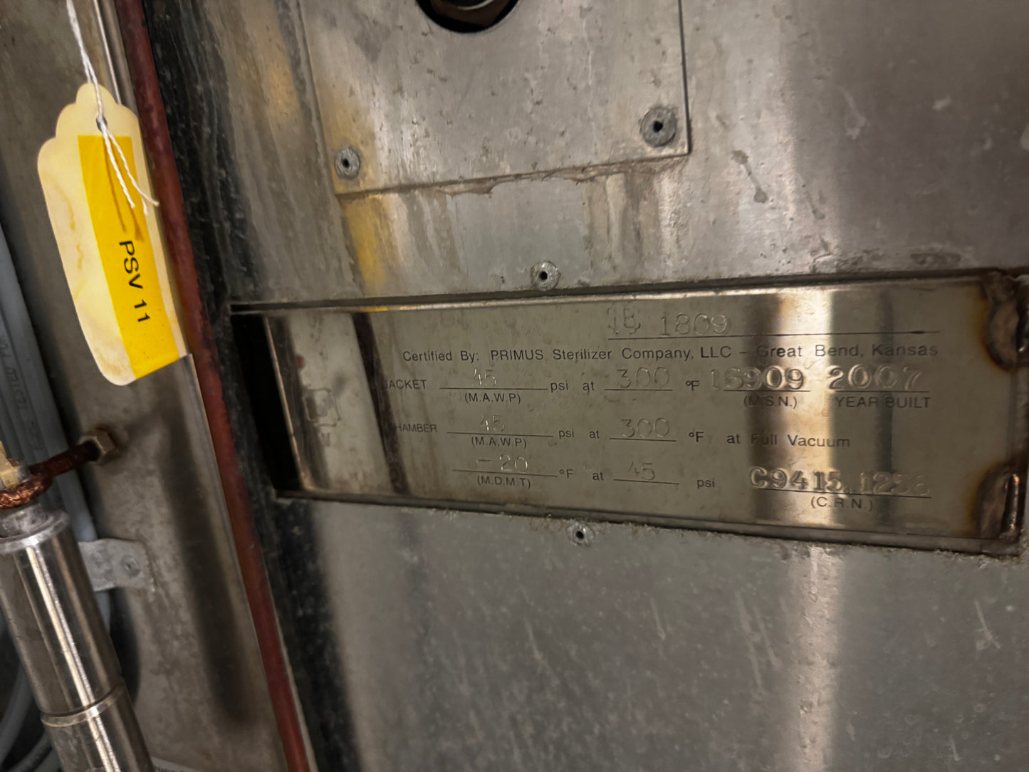 Primus PSS5-C-MSS Steam Sterilizer Autoclave 2007 Stainless Jacket 45 PSI