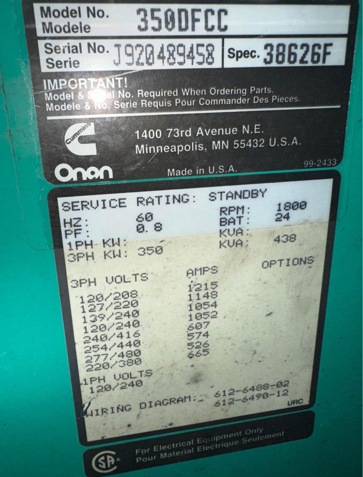 350KW Cummins Onan 350DFCC Diesel Generator NT855 1&3PH 1660Hrs TESTED