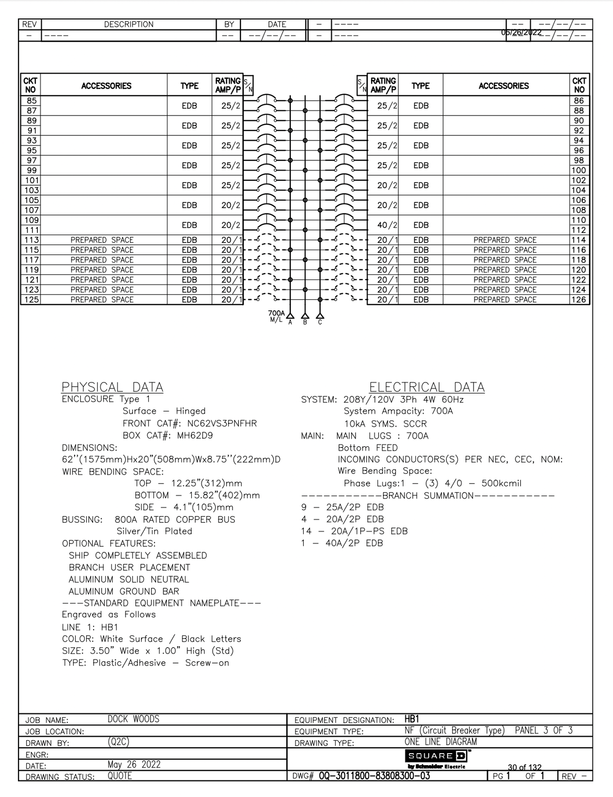 Square D Panelboard 120V / 208Y 600A 700A NF Paneloard Loaded NEW 14 Breakers