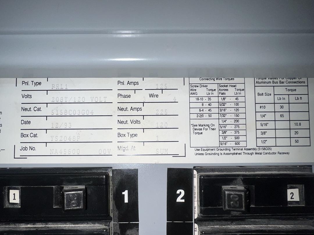 PRL1 208/120v 3PH 125A Panelboard 42 Circuit w/ Main(S6LLST13267)