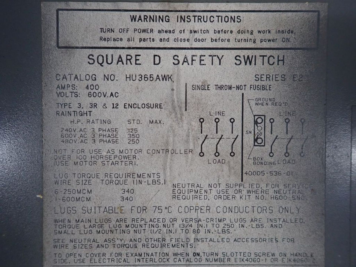 Square D 400A Heavy Duty Safety Switch and Enclosure HU365AWK 600V 3PH