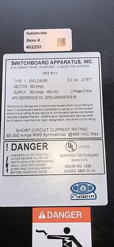 APC Switchgear 800A 3 Section 480V APC 4 Breaker PJ800(S6LLST9270)