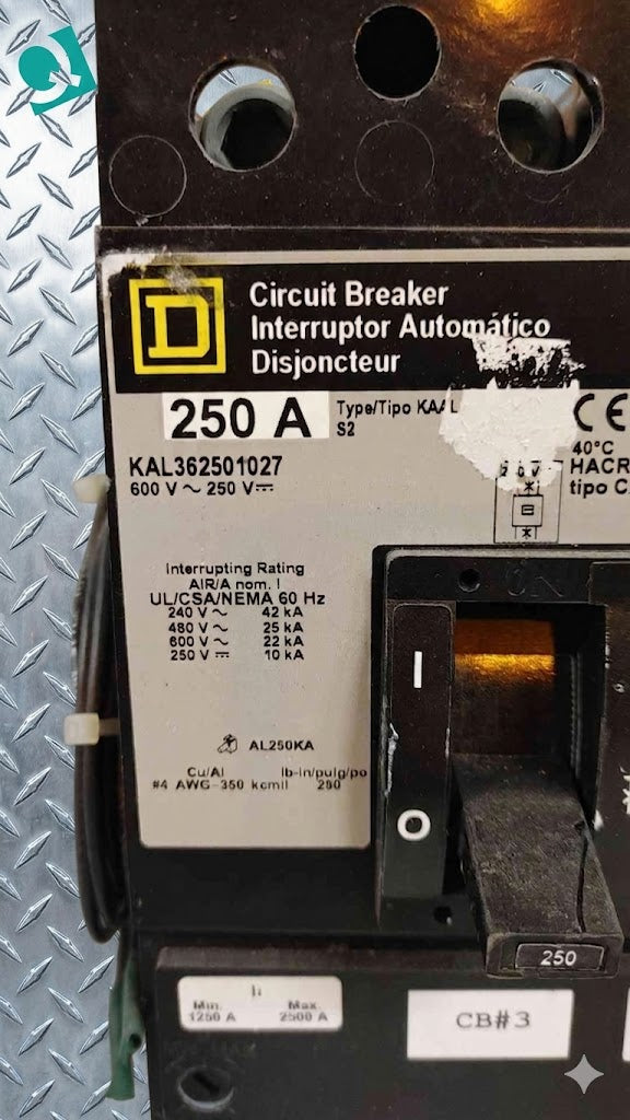 Square D 250A 3 Pole Circuit Breaker 600V 250V 22KA KAL362501027(104645)
