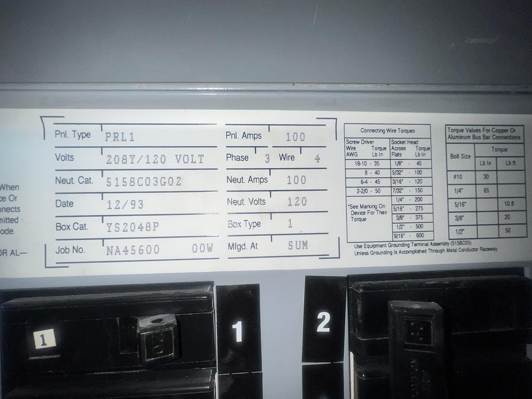 100A 120/208V 3PH PRL1 Panelboard 42 Circuit Neut. 100A W/ Main(S6LLST13266)