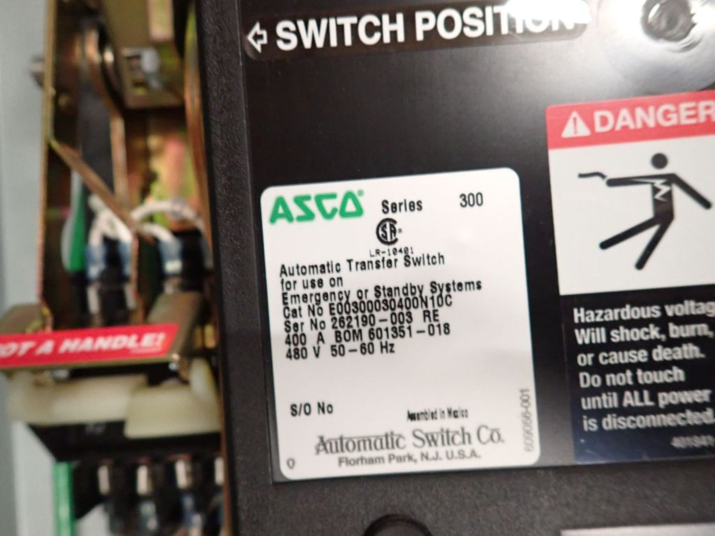 ASCO 400A ATS Automatic Transfer Switch Cat E0030030400N10C 480V 300 Series