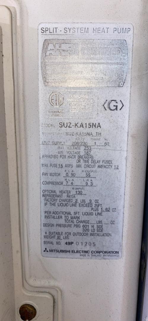 MITSUBISHI Mr Slim Split System Heat Pump SUZ-KA15NA Outdoor(S6LLST4180)