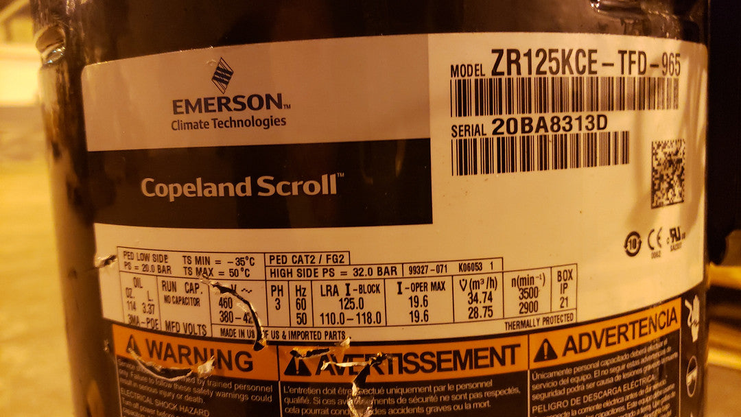 Emerson Copeland Scroll Compressor ZR125KCETFD965(S6LLST1607)