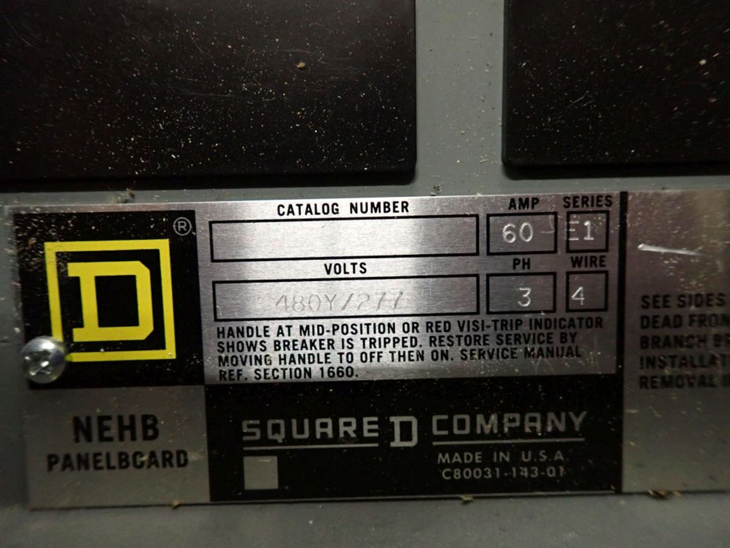 100A Square D NEHB 480Y/277V, 3PH, 4W Panelboard w/ Circuit Breakers & Main Breaker