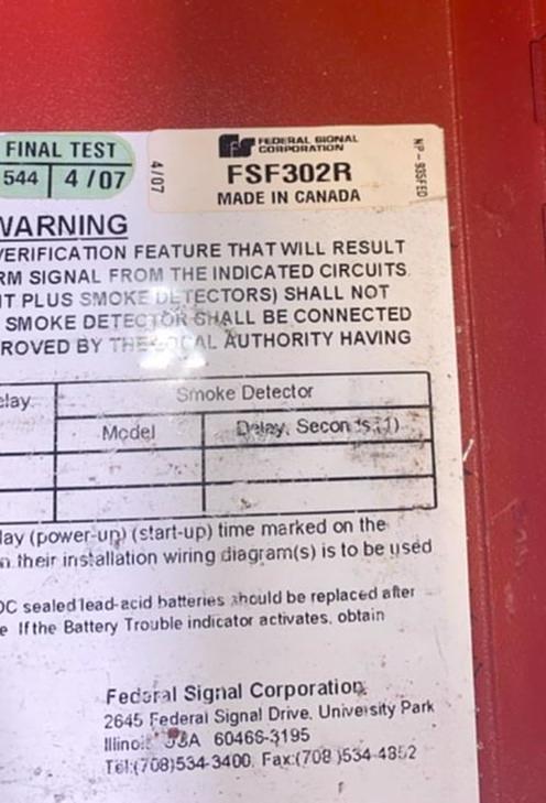 *Pickup Only* Federal Signal (Fire Alarm Control) FSF302R(S6LLST4537)