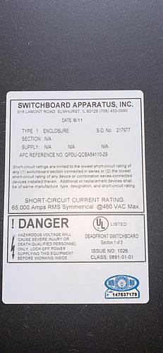 APC Switchgear 800A 3 Section 480V APC 4 Breaker PJ800(S6LLST9270)