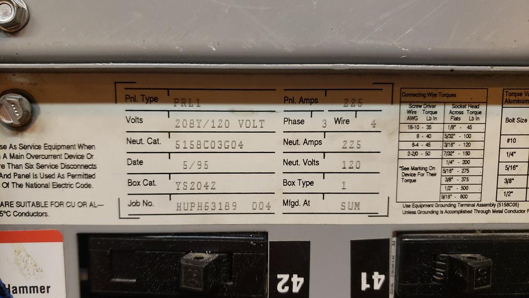 PRL1 225A Cutler Hammer Panelboard 208/120 Loaded 42 Pole(S6LLST9760)