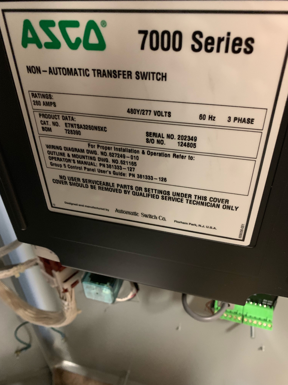 Low Hour ASCO Series 7000 260 Amp Transfer Switch - DPC1244