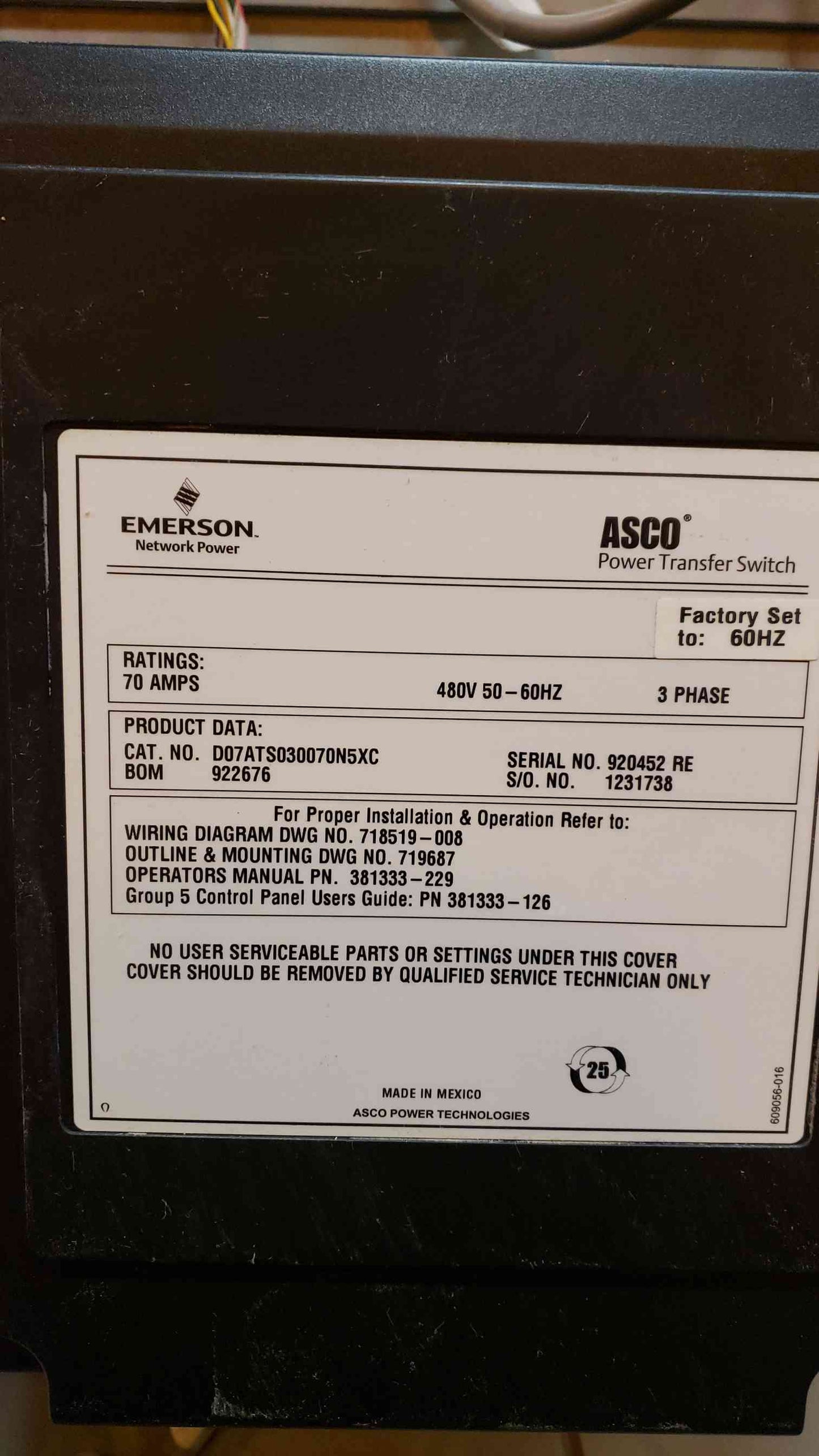ASCO 70A 7000 Series 480v ATS Automatic Transfer Switch(Q16523)