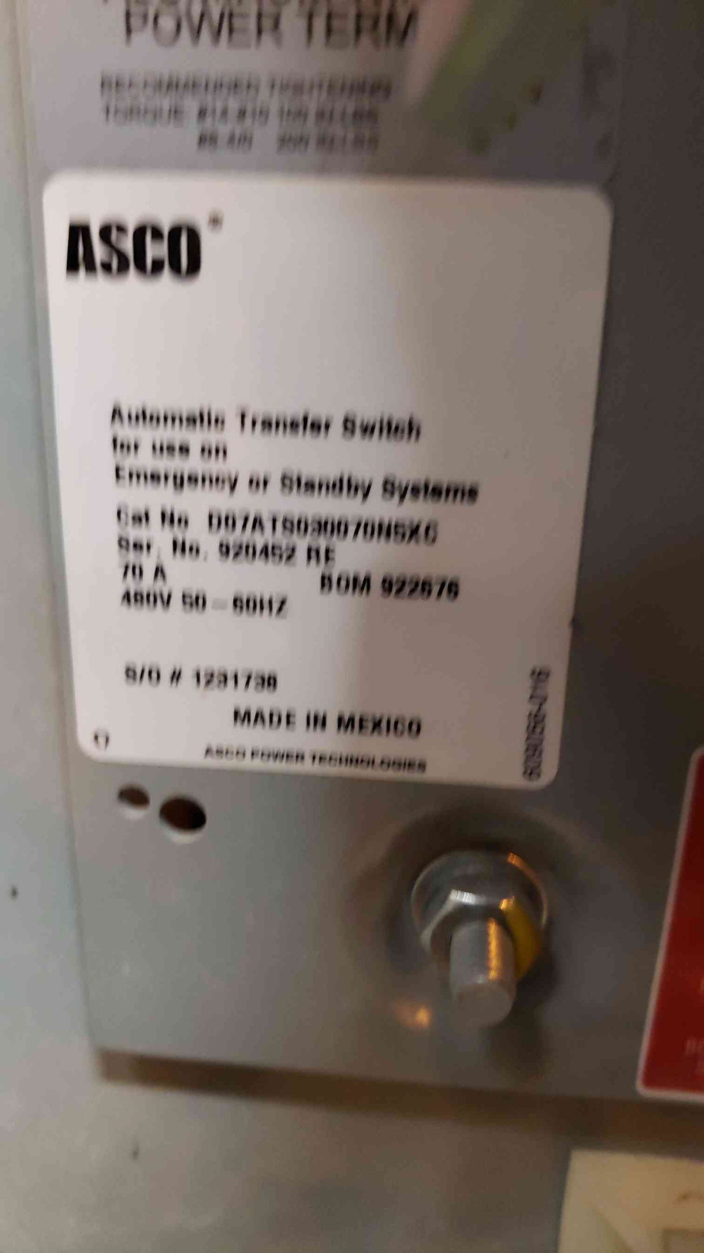 ASCO 70A 7000 Series 480v ATS Automatic Transfer Switch(Q16523)