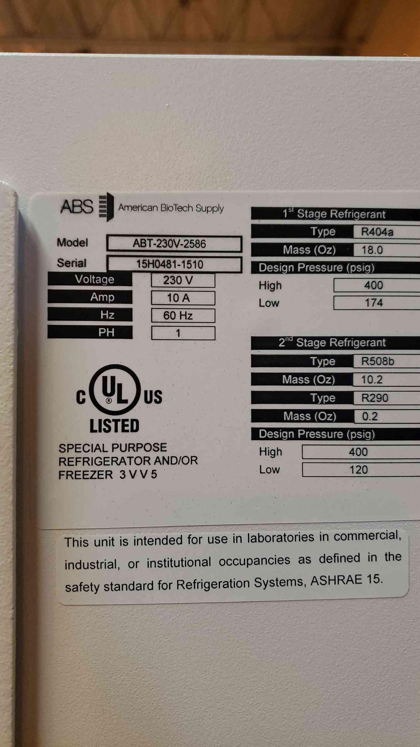 ABS ULTRA-86 FREEZER/REFRIGERATOR ABT-230V-2586 ULC AS-IS(100473)