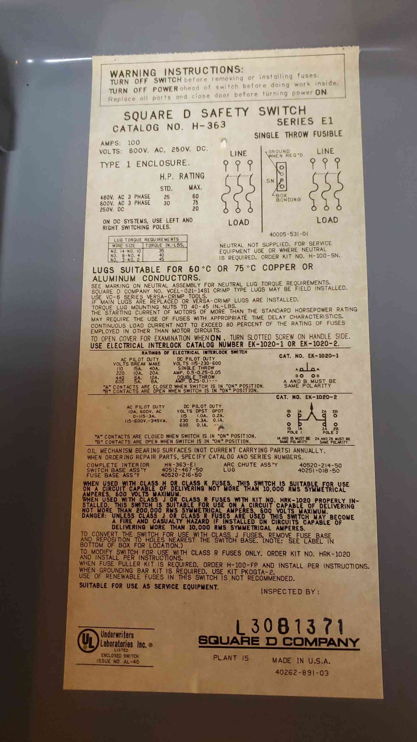 100A Square D Safety Switch H363 F (SKU: 3929AA)(3929AA)