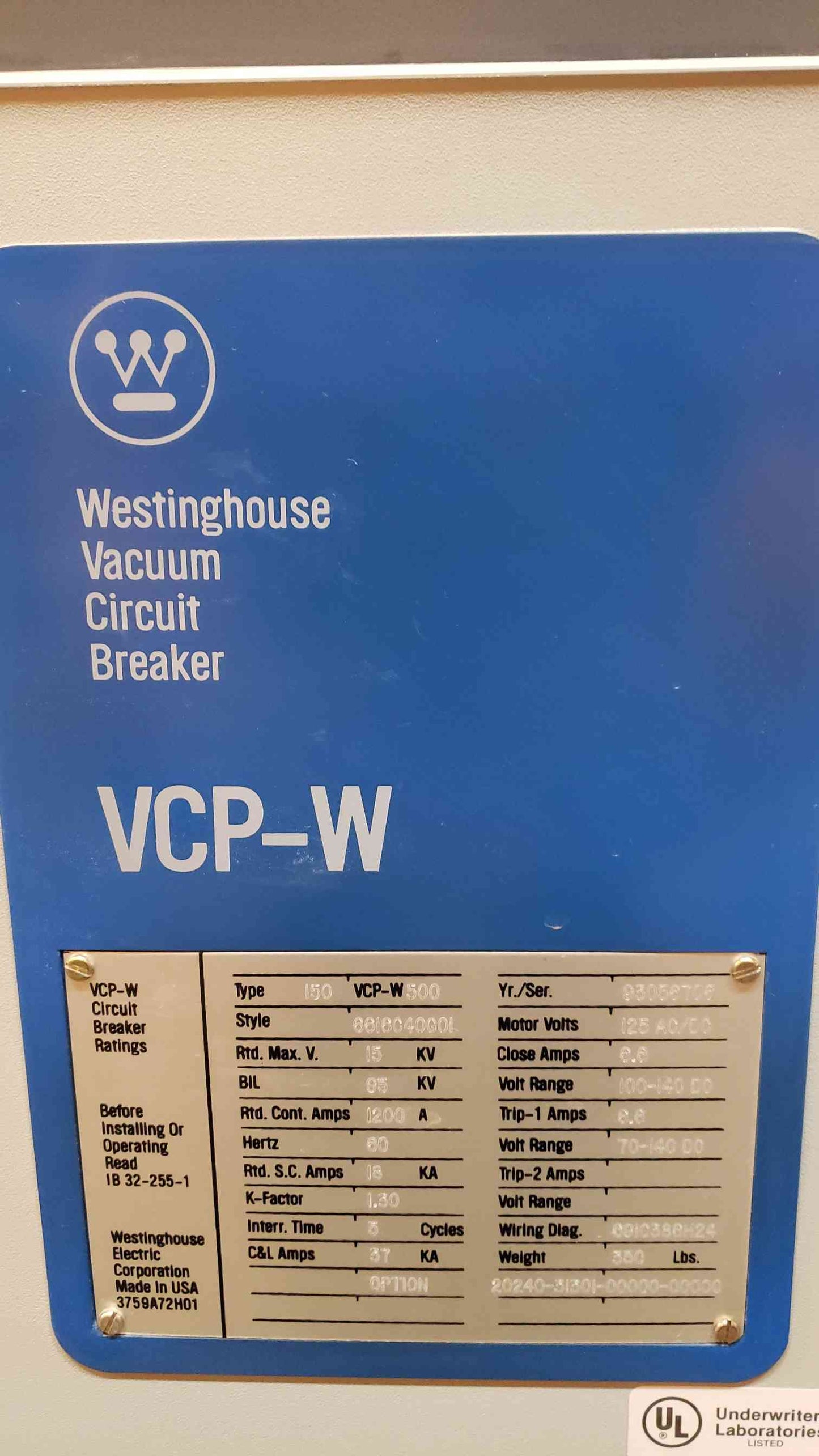 1200A Westinghouse Vacuum Circuit Breaker VCPW500 (SKU: 4959AA)(4959AA)