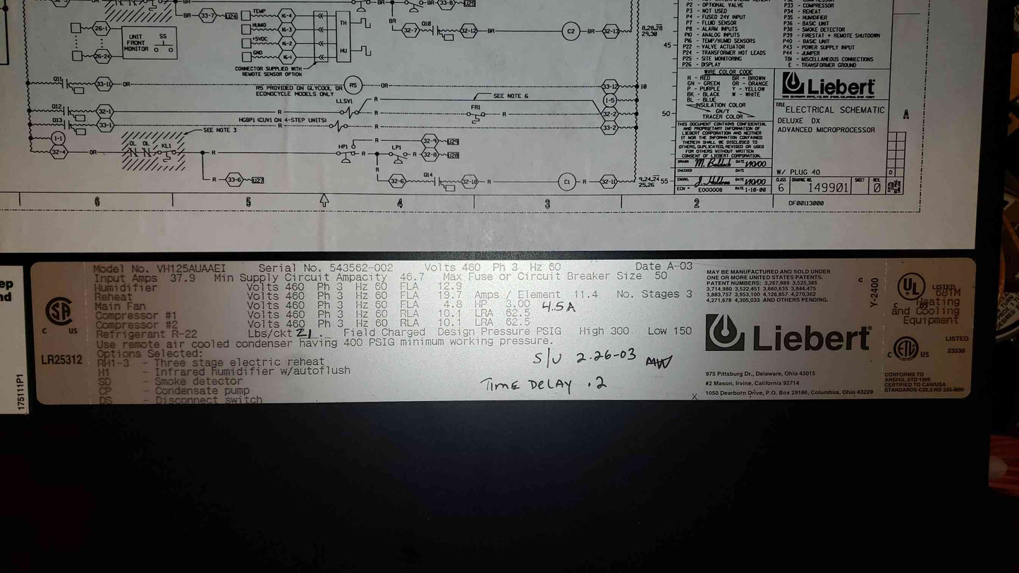 Liebert CRAC Upflow VH125A UAAEI 460v '03 (SKU: 5439AA)(5439AA)