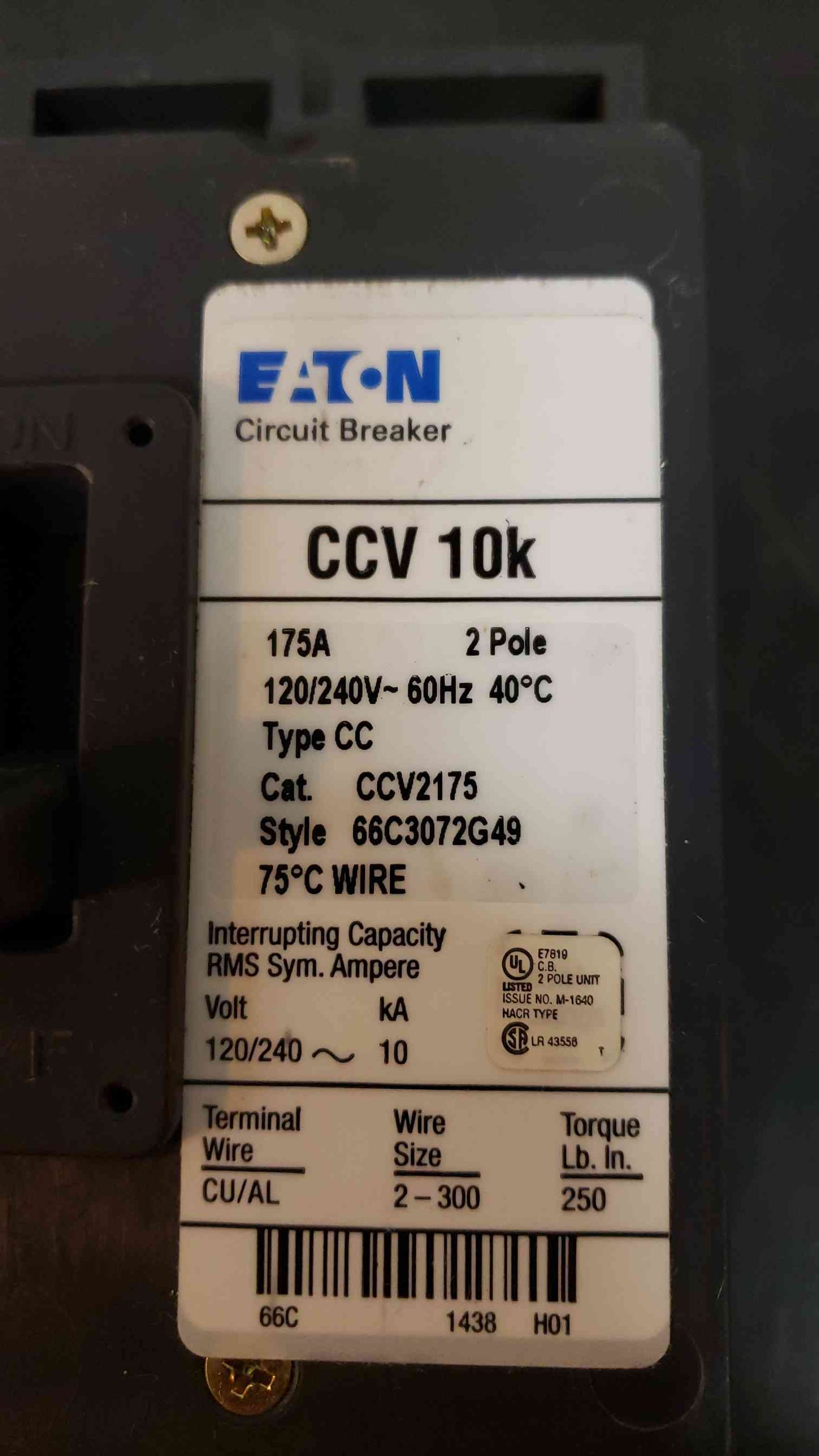 175A EATON 175 Amp Breaker CCV2175 CCV10k (SKU: 1971AA)(1971AA)