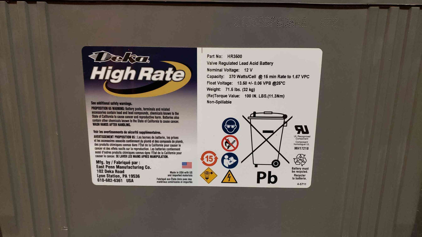 90 Amp Hr Deka High Rate Lead Acid Battery HR3500 2022 TESTED (SKU: 3455AA