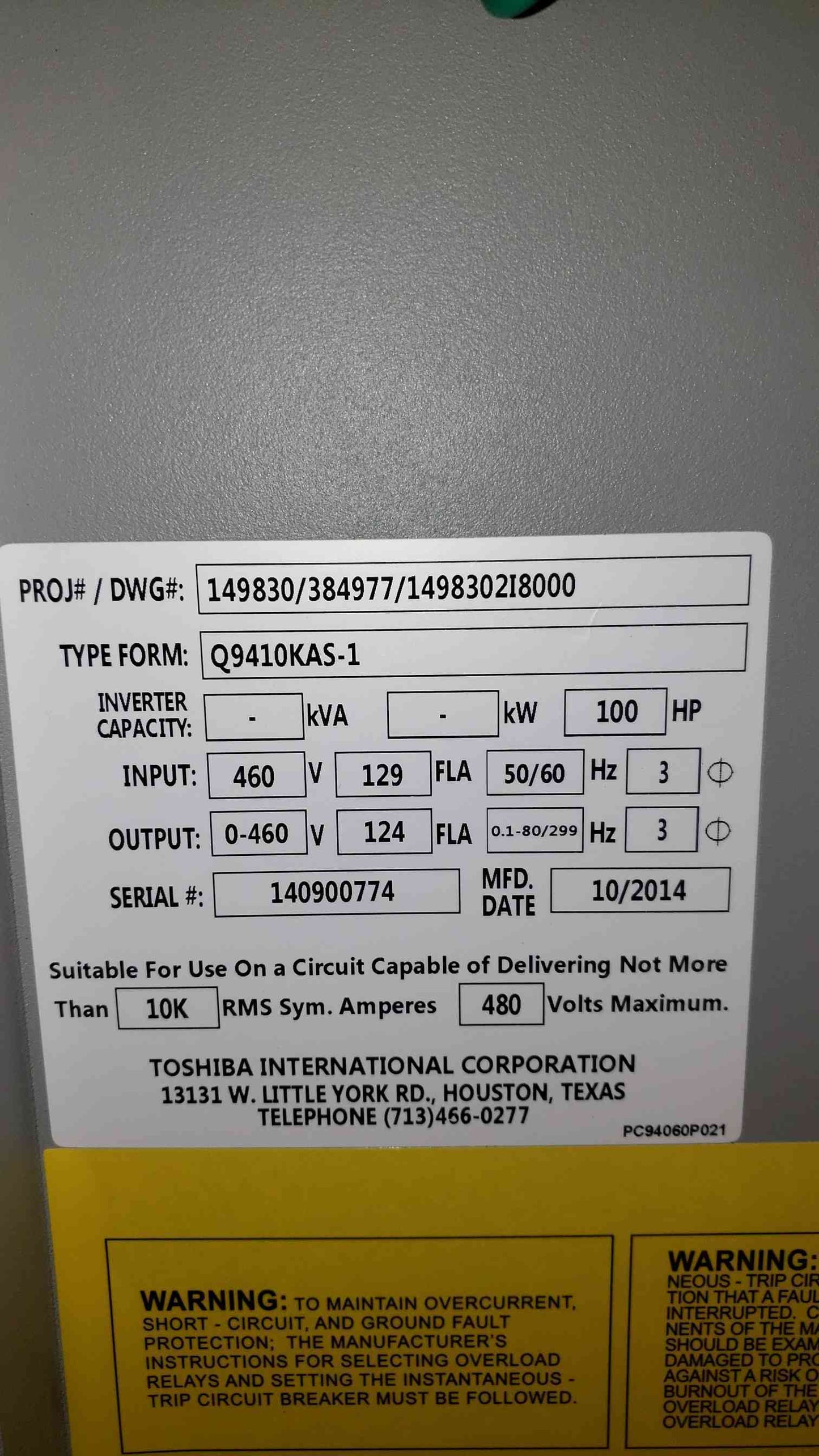 NEW 100HP TOSHIBA VT130Q9U410K & VFAS14550PLX9 Adjustable Speed Drive in Enclosure(100392)