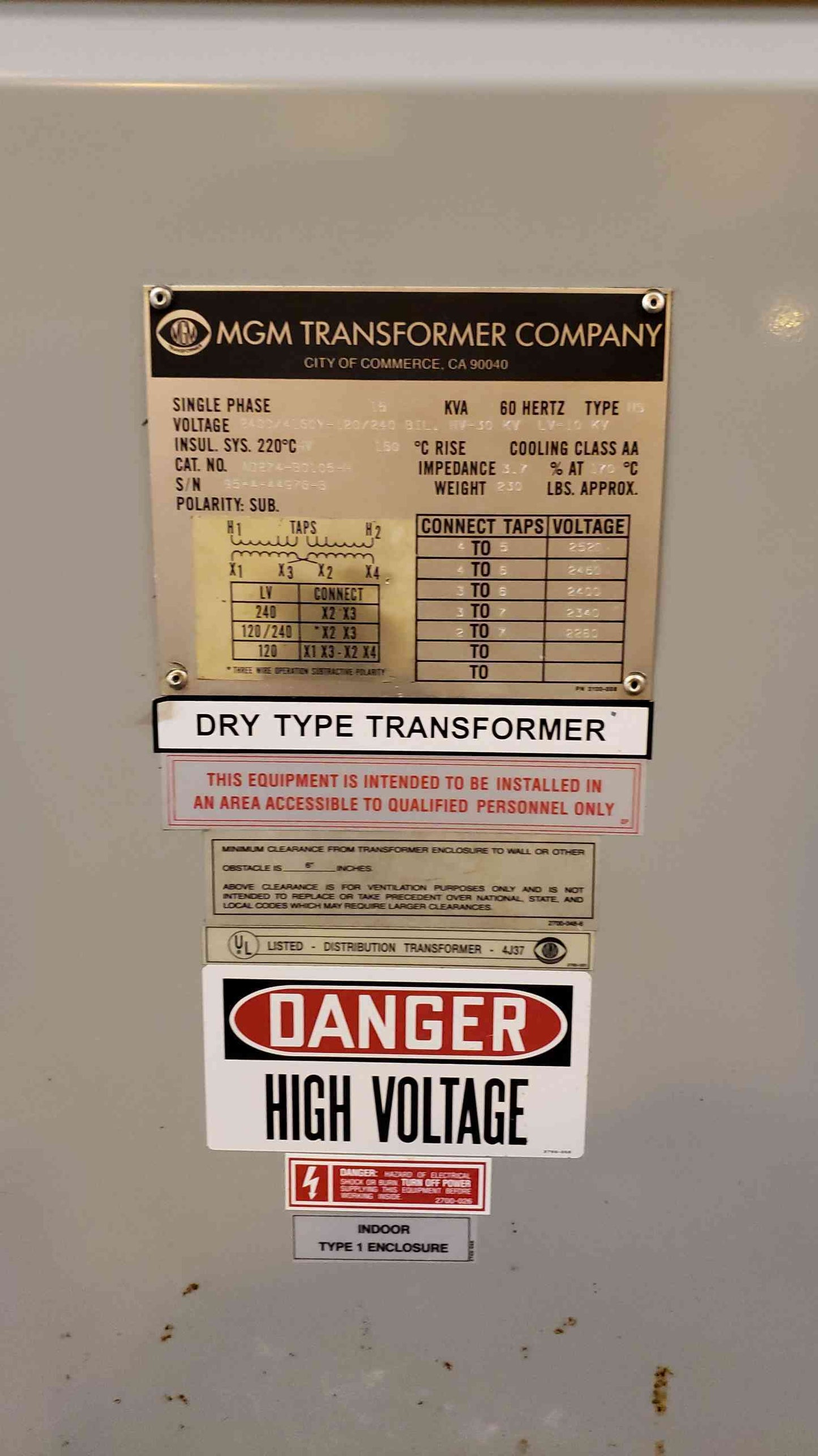 15KVA MGM Dry Type Transformer 2400/4160v x 120/240v(100519)