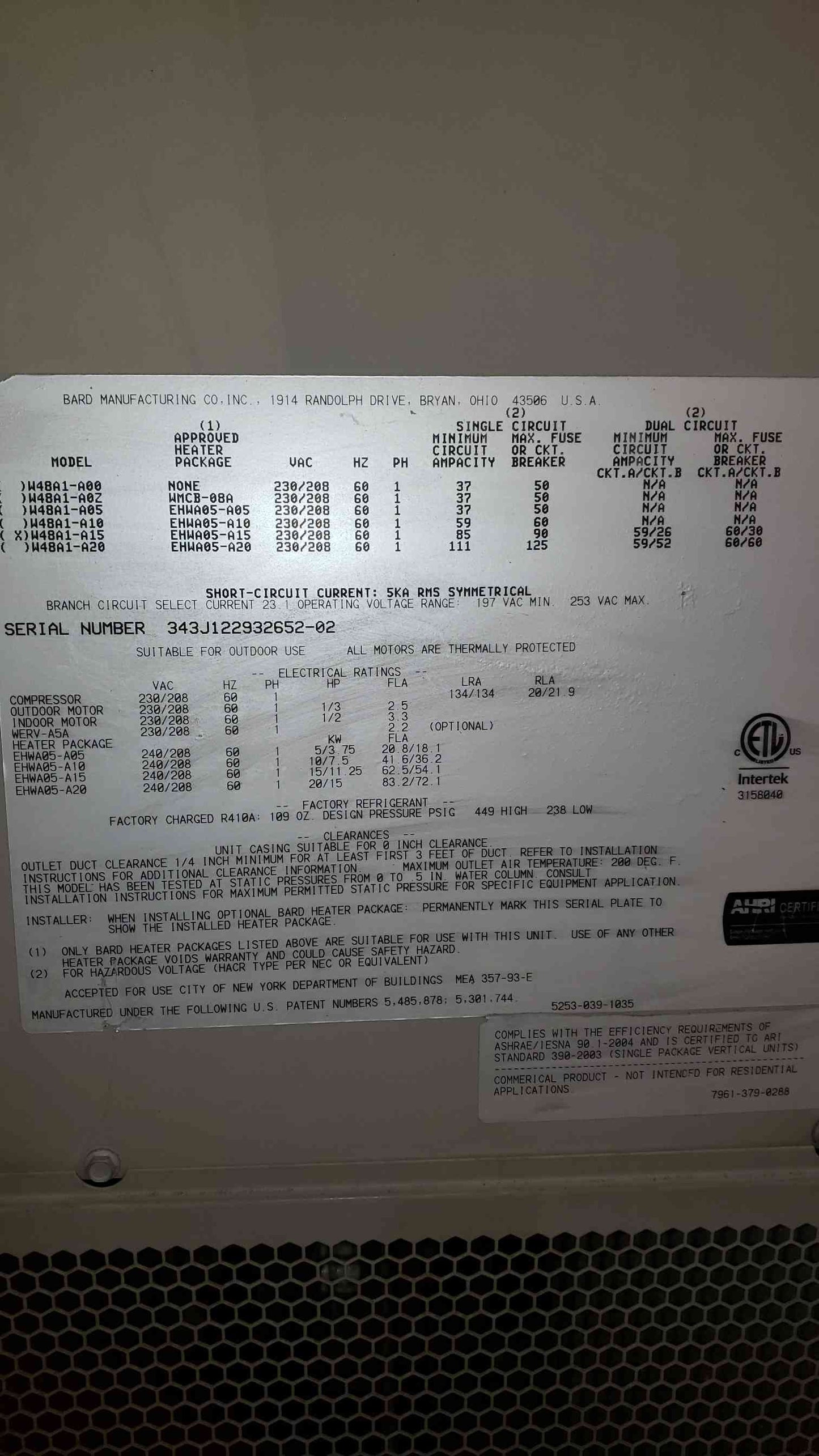 Bard Heating/Cooling Package W48A1-A15 AS-IS Untested 1 Phase(3884AA)