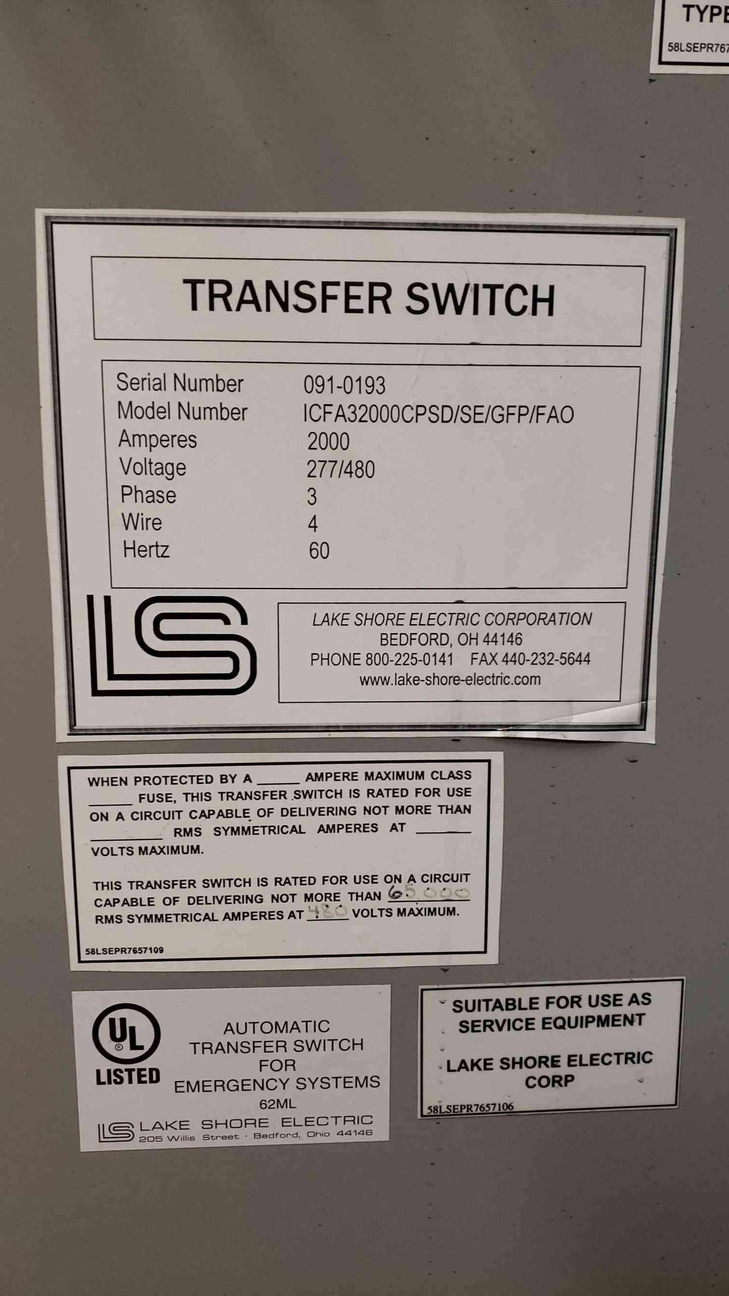 2000A Lake Shore ATS 480v Automatic Transfer Switch ICFA32000CPSD/SE/GFP/FAO (SKU: 2456AA)(2456AA)