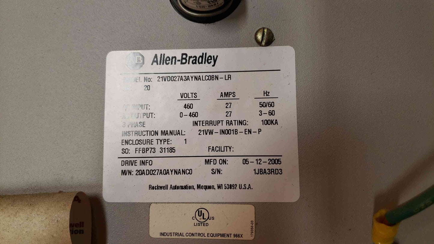 Allen-Bradley PowerFlex70 VFD 20AD027A0AAYNANC0 Enclosure & Controller (SKU: 4973AA)(4973AA)