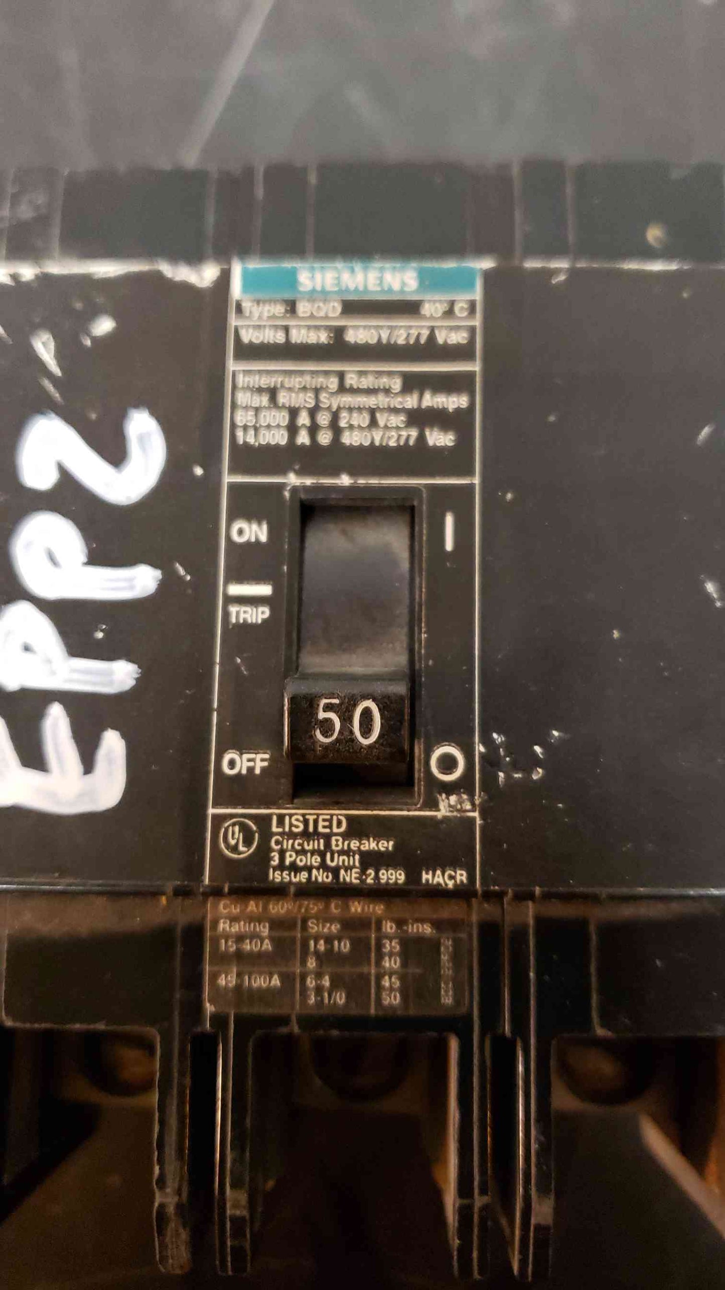 Siemens 50 Amp BQD 3 Pole Breaker (SKU: 2519AA)(2519AA)