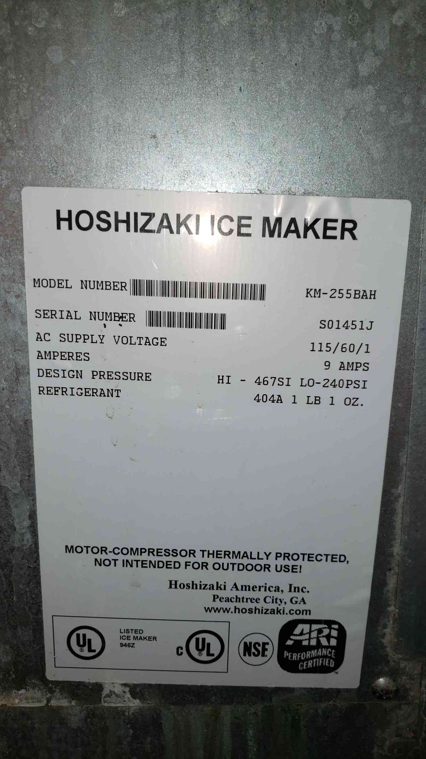 HOSHIZAKI Ice Maker KM-255BAH Undercounter (SKU: 3516AA)(3516AA)