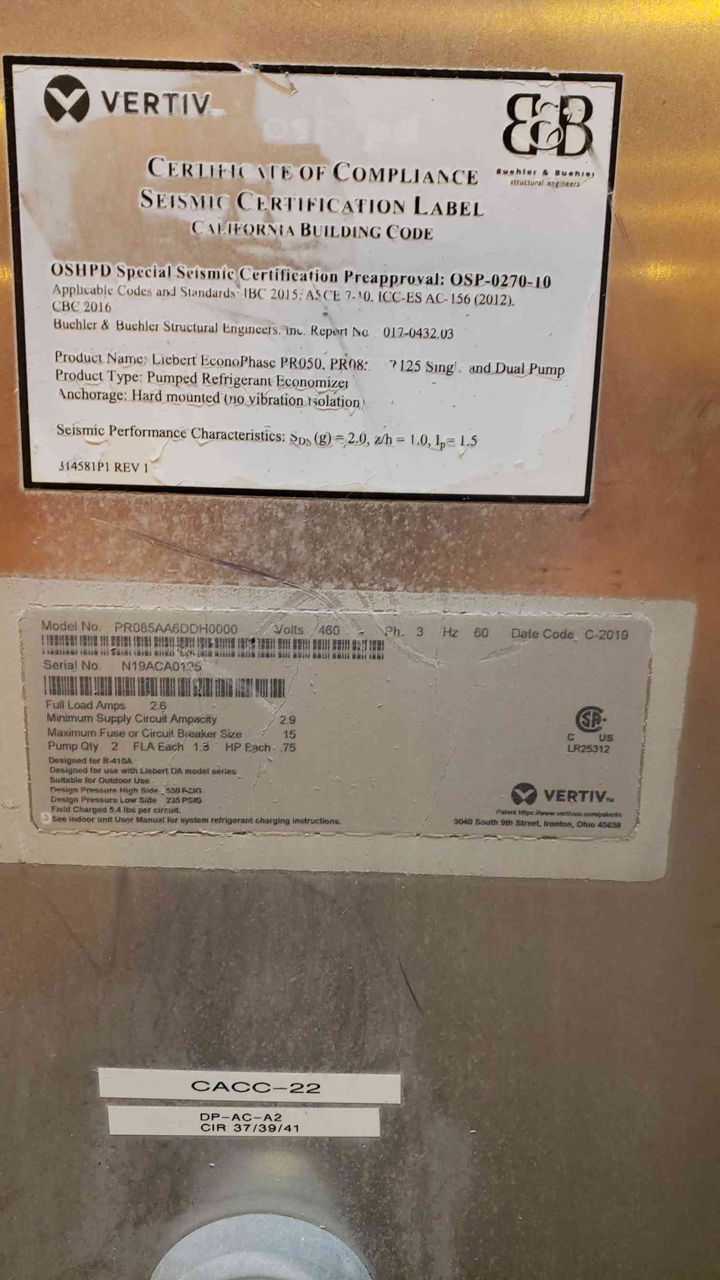 Liebert Pump Package 460V 3PH PR085AA6DDH0000 Economizer (SKU: 4511AA)