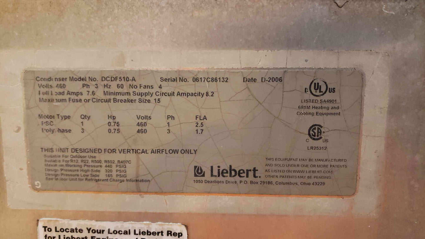 Liebert 460V 3PH 4 Fan Condenser DCDF510(4518AA)