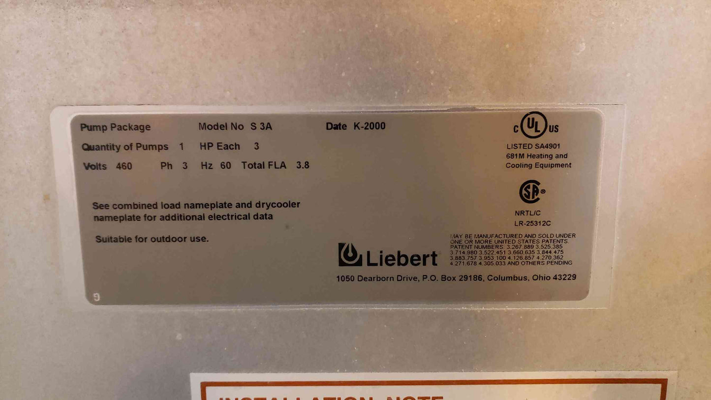 Liebert S3A Single Pump Packages Drycooler 3PH (101249)(101249)