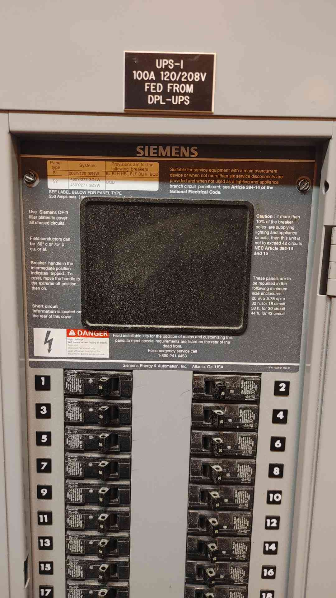 100A 120/208v Siemens Panelboard w/ Main 250A Max BL Type (2124AA)(2124AA)