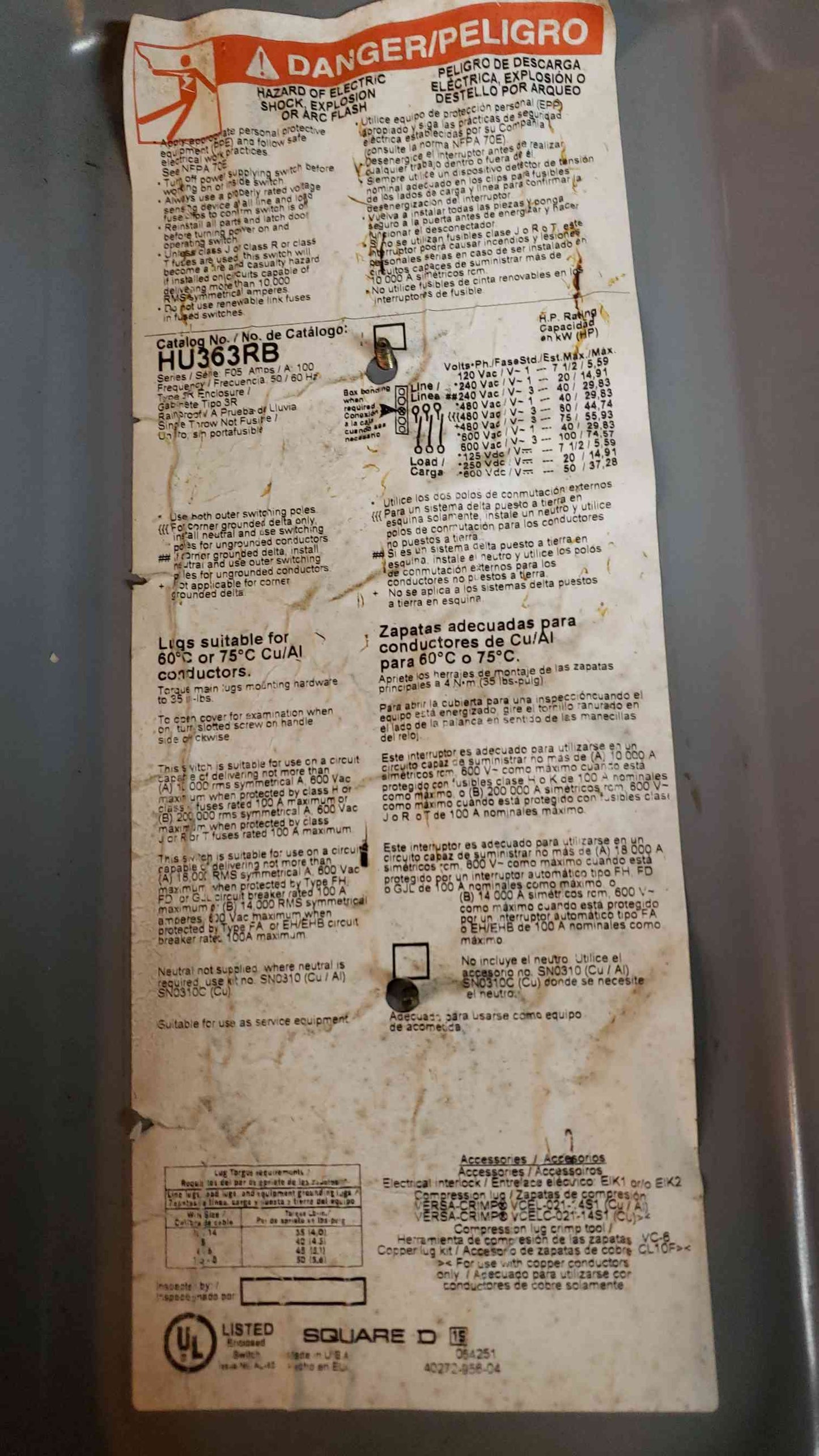 Square D 100A Heavy Duty Safety Switch HU363RB (SKU: 3078AA)(3078AA)
