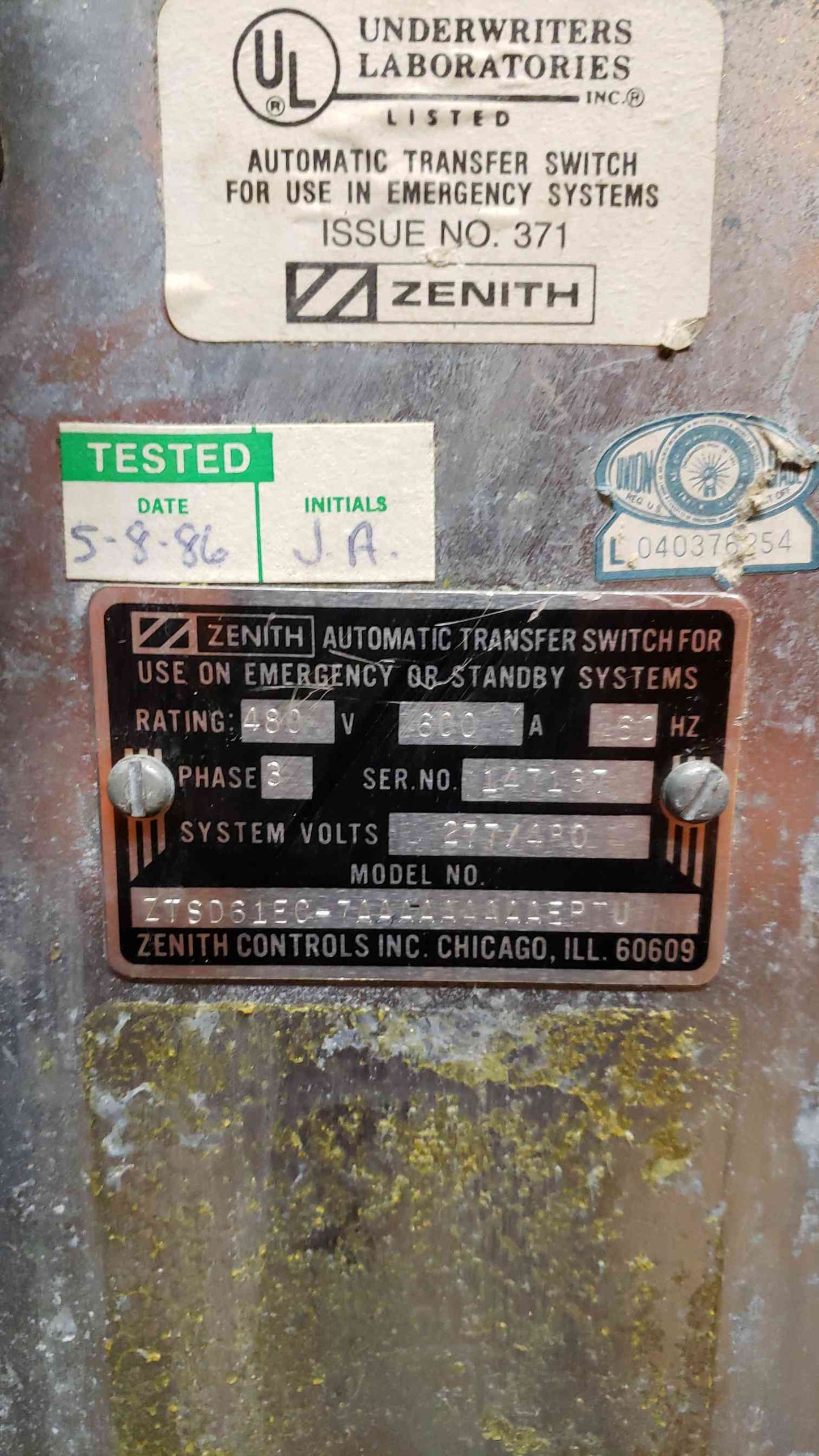 Zenith 480V 600A Automatic Transfer Switch ZTSD61EC7AAAAAAAAAEPTU (SKU: 3102AA)(3102AA)