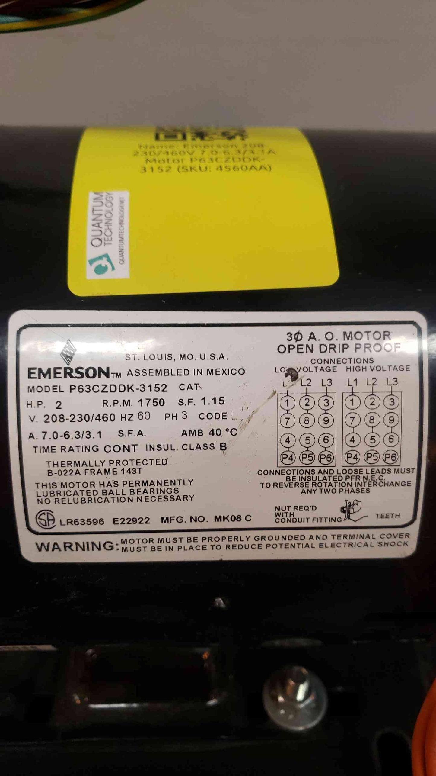 2HP Emerson 208230/460V Open Drip Proof Motor P63CZDDK-3152 (SKU: 4560AA)
