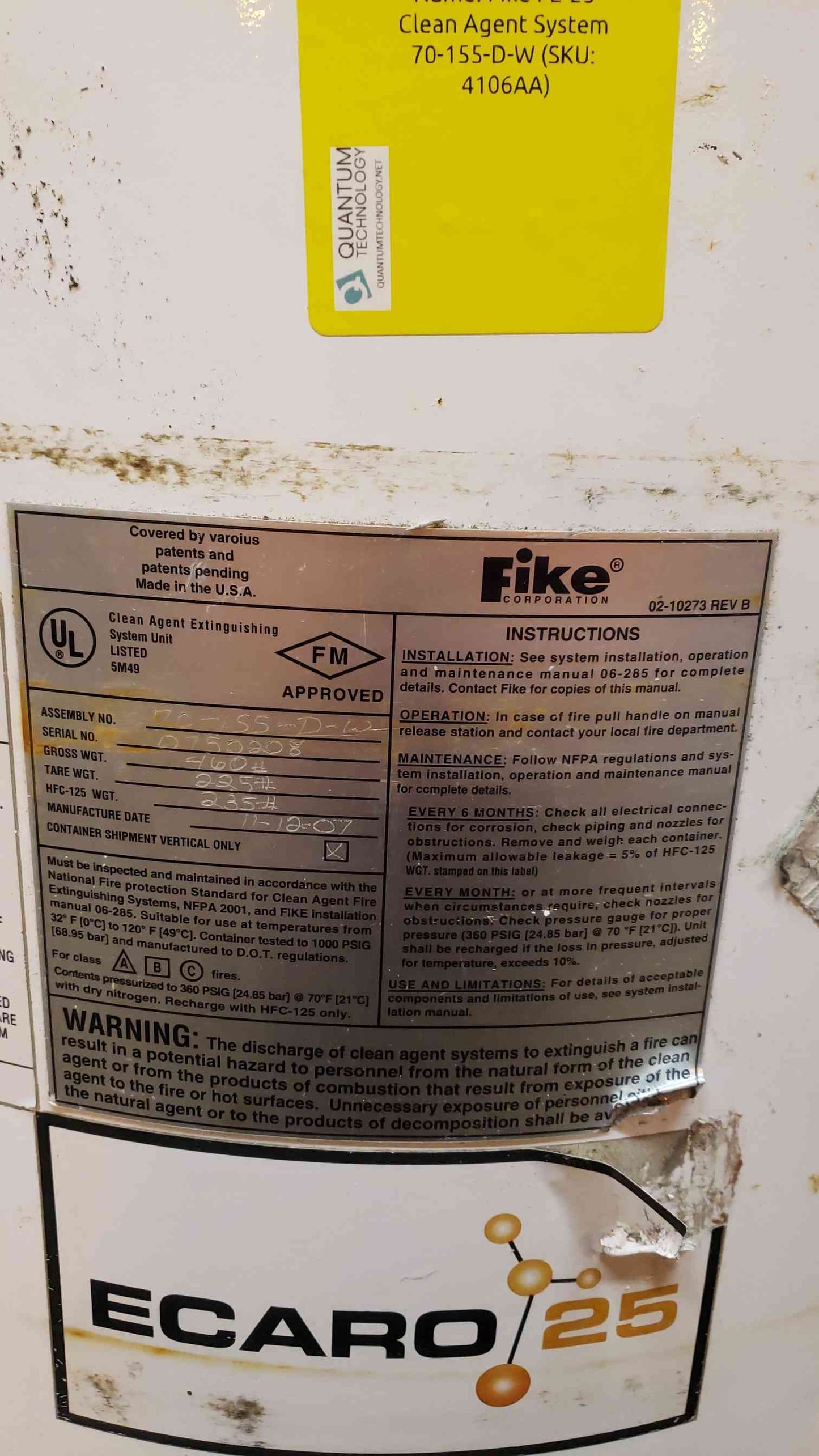 235 Lbs Fike FE-25 HFC-125 Ecaro Clean Agent Tank (SKU: 4106AA)(4106AA)
